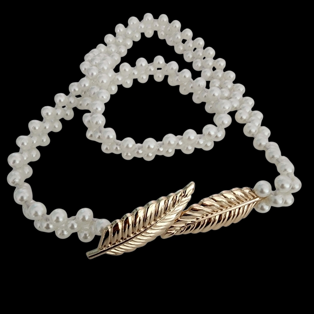 Y2K pearl belt gold leaf buckle white pearl beads vintage elastic expandable - Picture 2 of 14